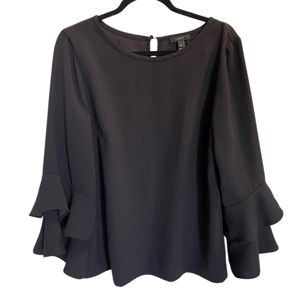J. Crew Black Tiered Ruffle‎ Bell Sleeve Blouse Top Fairy Size 16 Tall